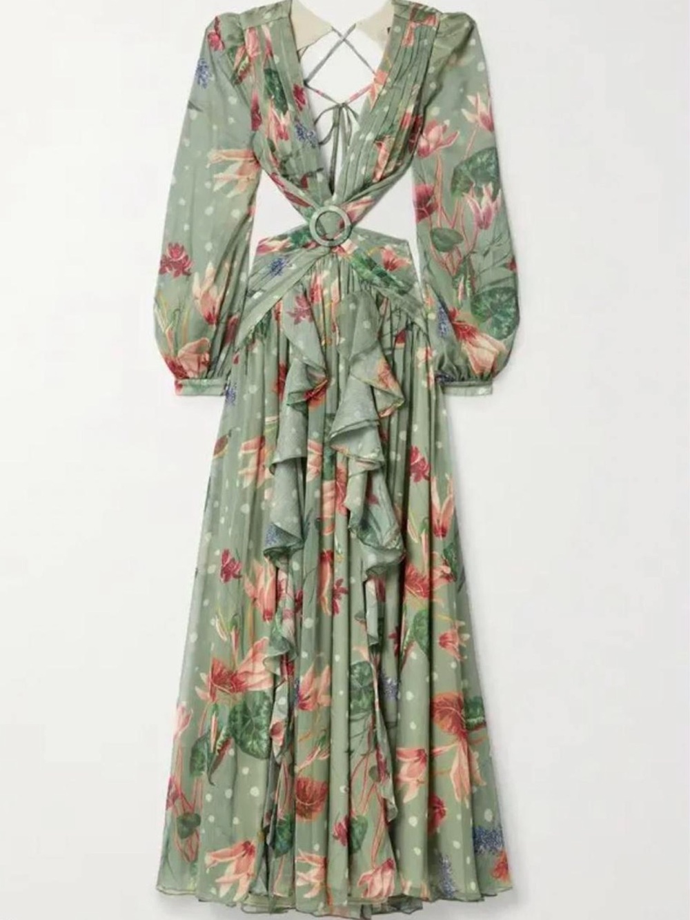 PatBO Sage Green Floral Deep-V Ruffle Maxi Dress - Picture 6 of 6
